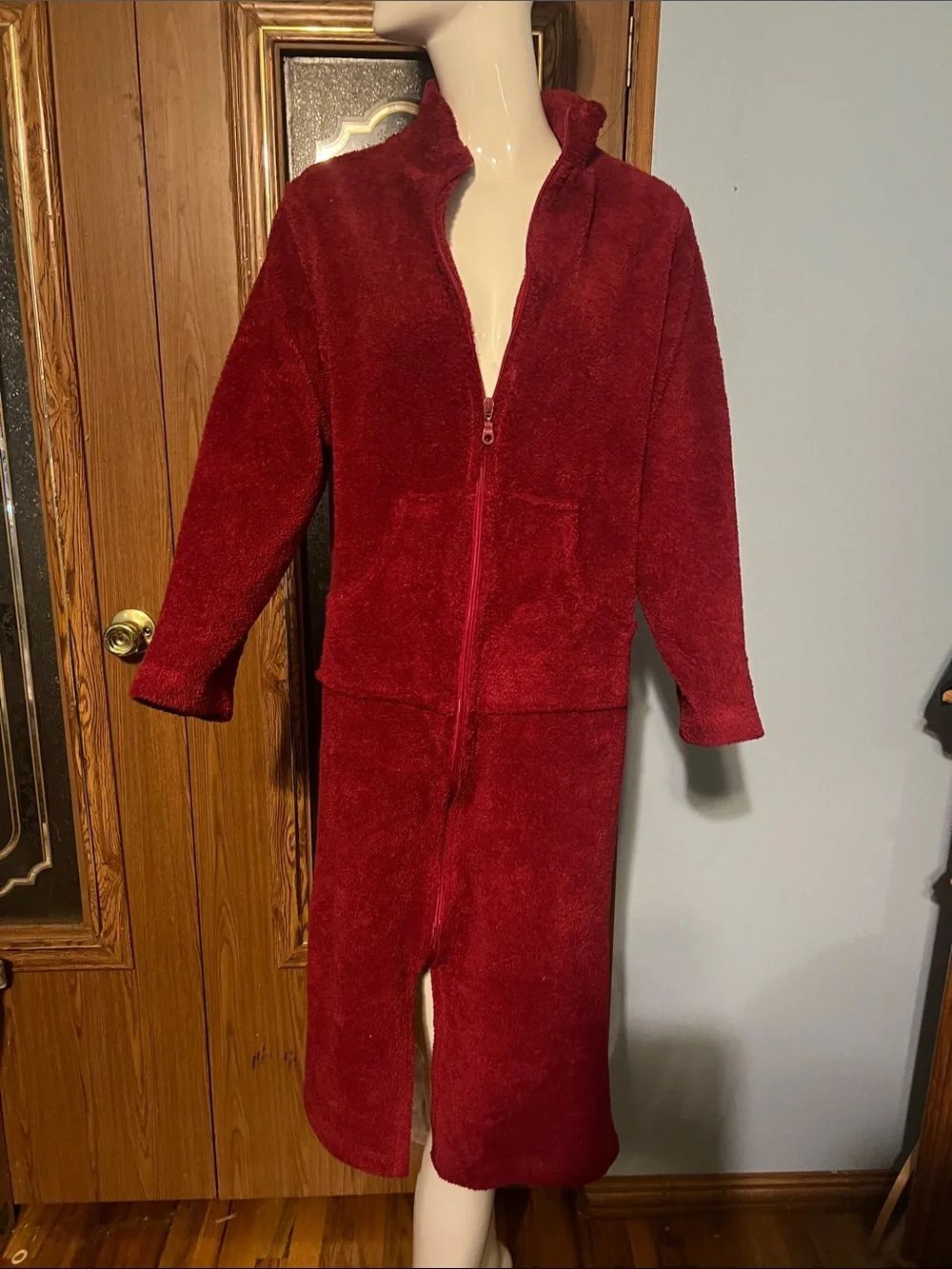 Long Plush Zip-Up Robe in Rich Wine
